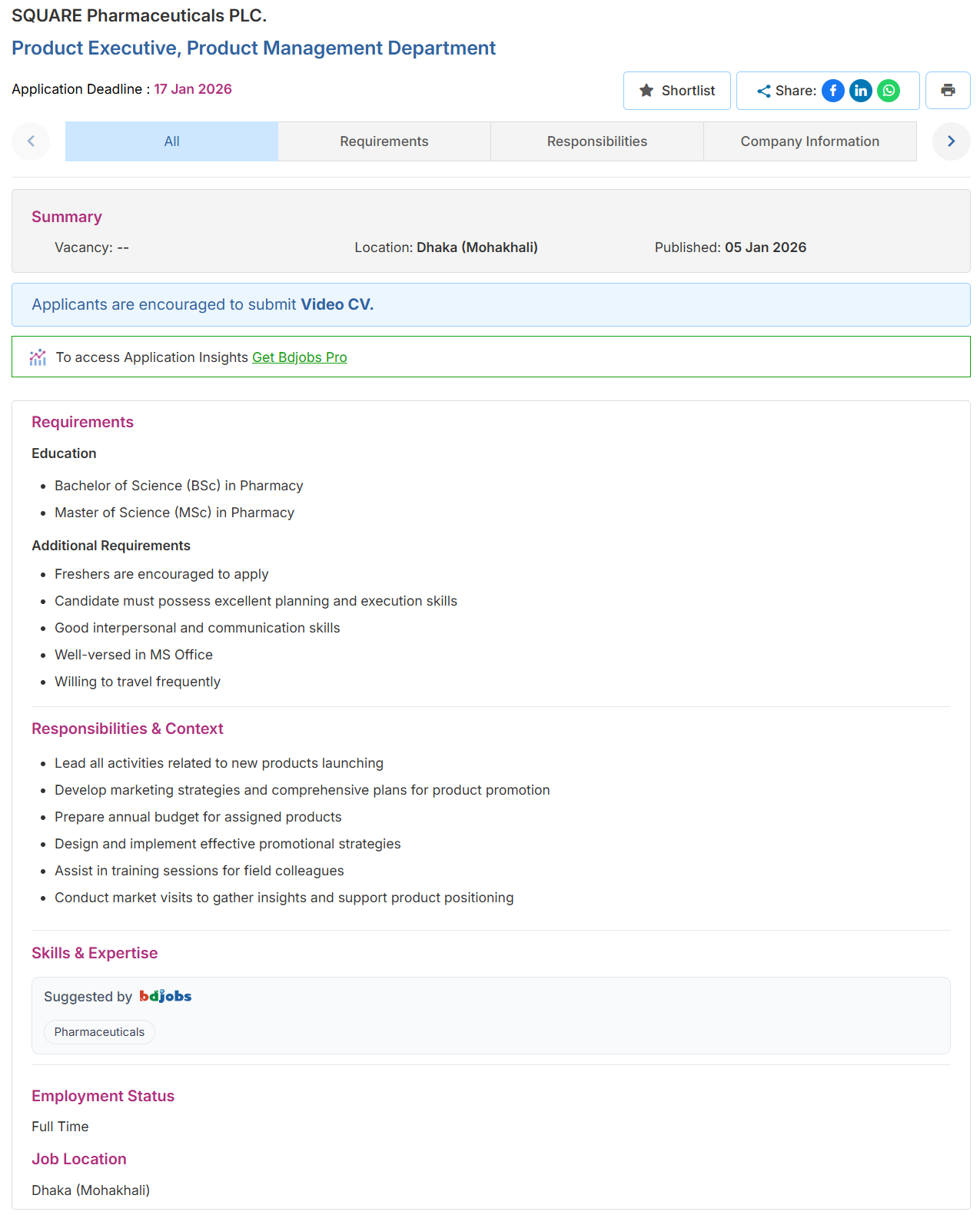 SQUARE Pharmaceuticals Ltd Job Circular 2026