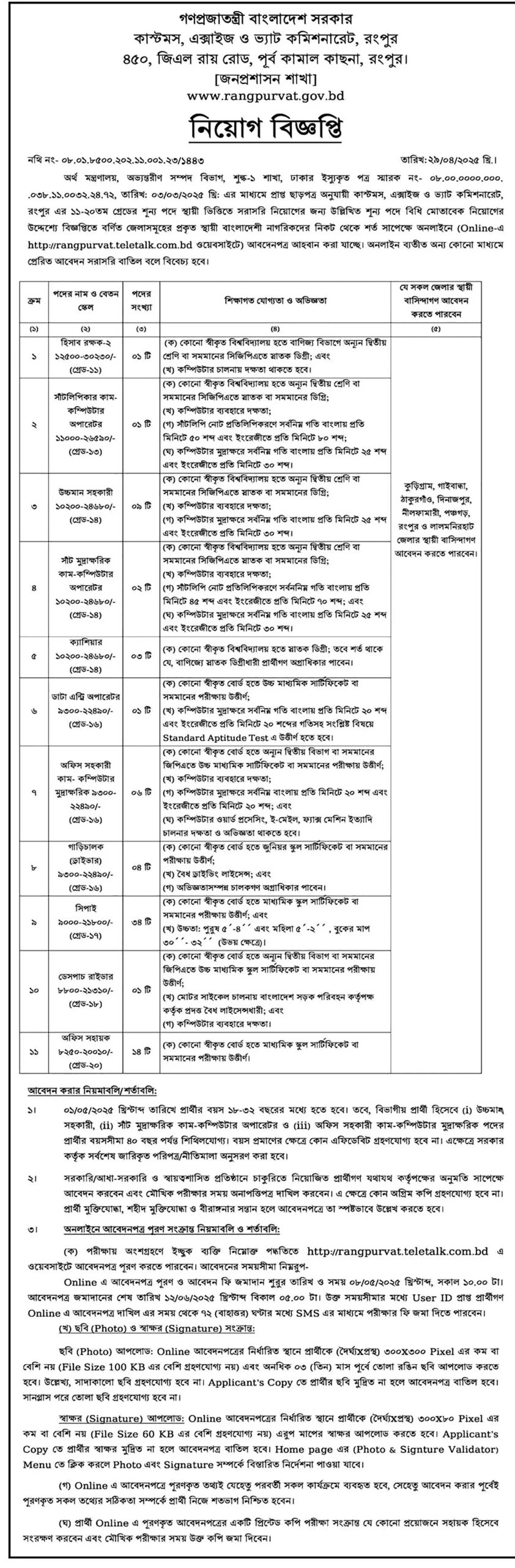 রংপুর কাস্টমস নিয়োগ বিজ্ঞপ্তি ২০২৫