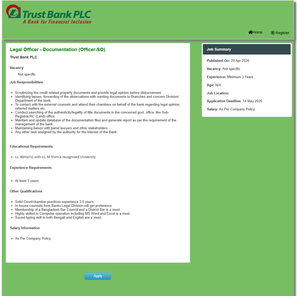 Trust Bank PLC Job Circular 2026