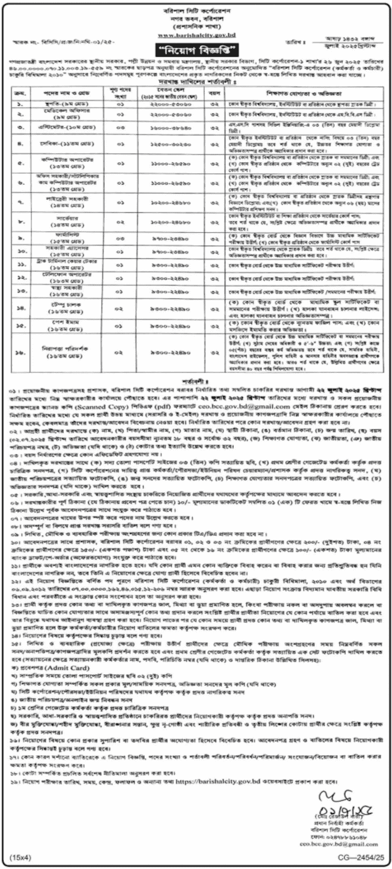 বরিশাল সিটি কর্পোরেশনে চাকরি ২০২৫
