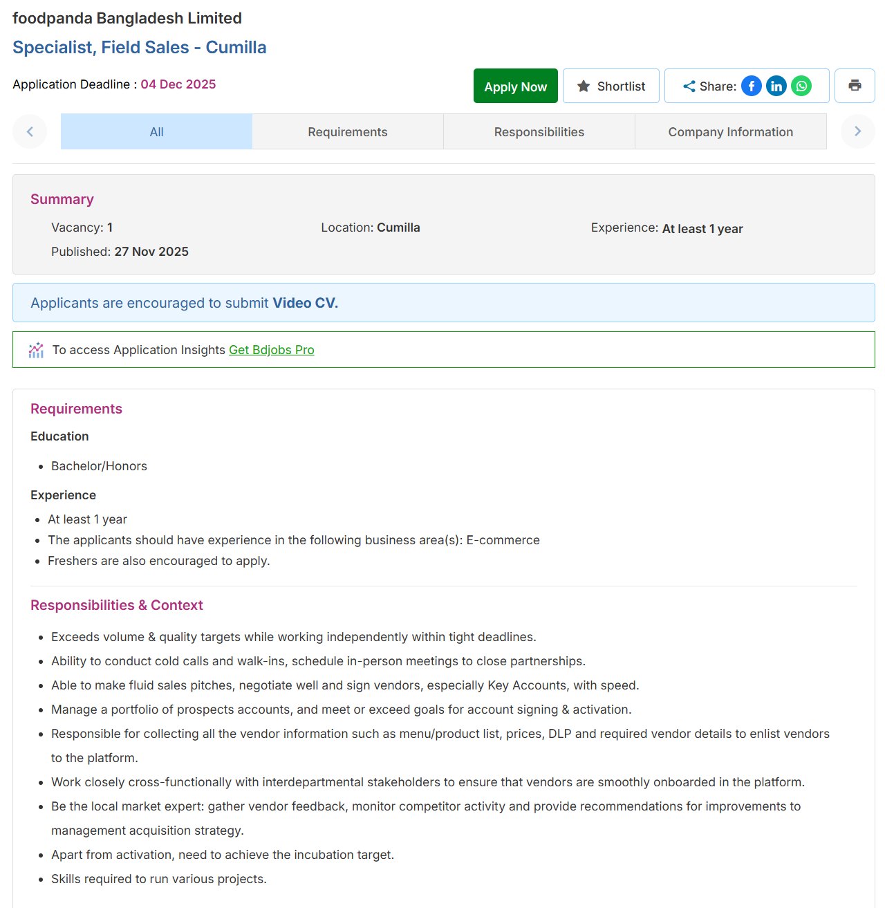 Food Panda Job Circular 2025