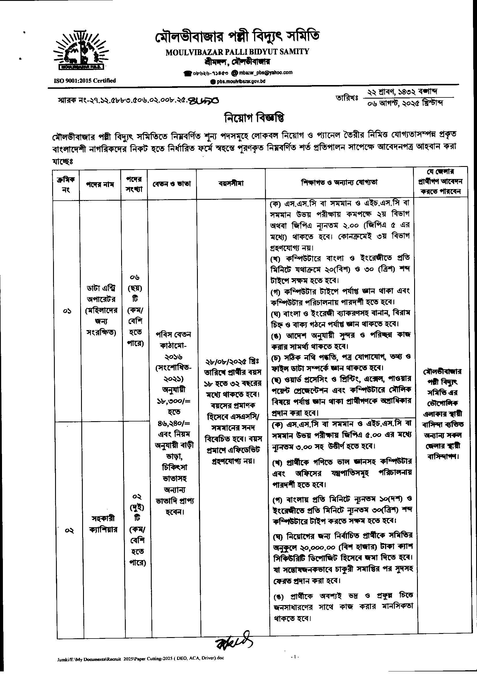 Moulvibazar PBS Job Circular 2025