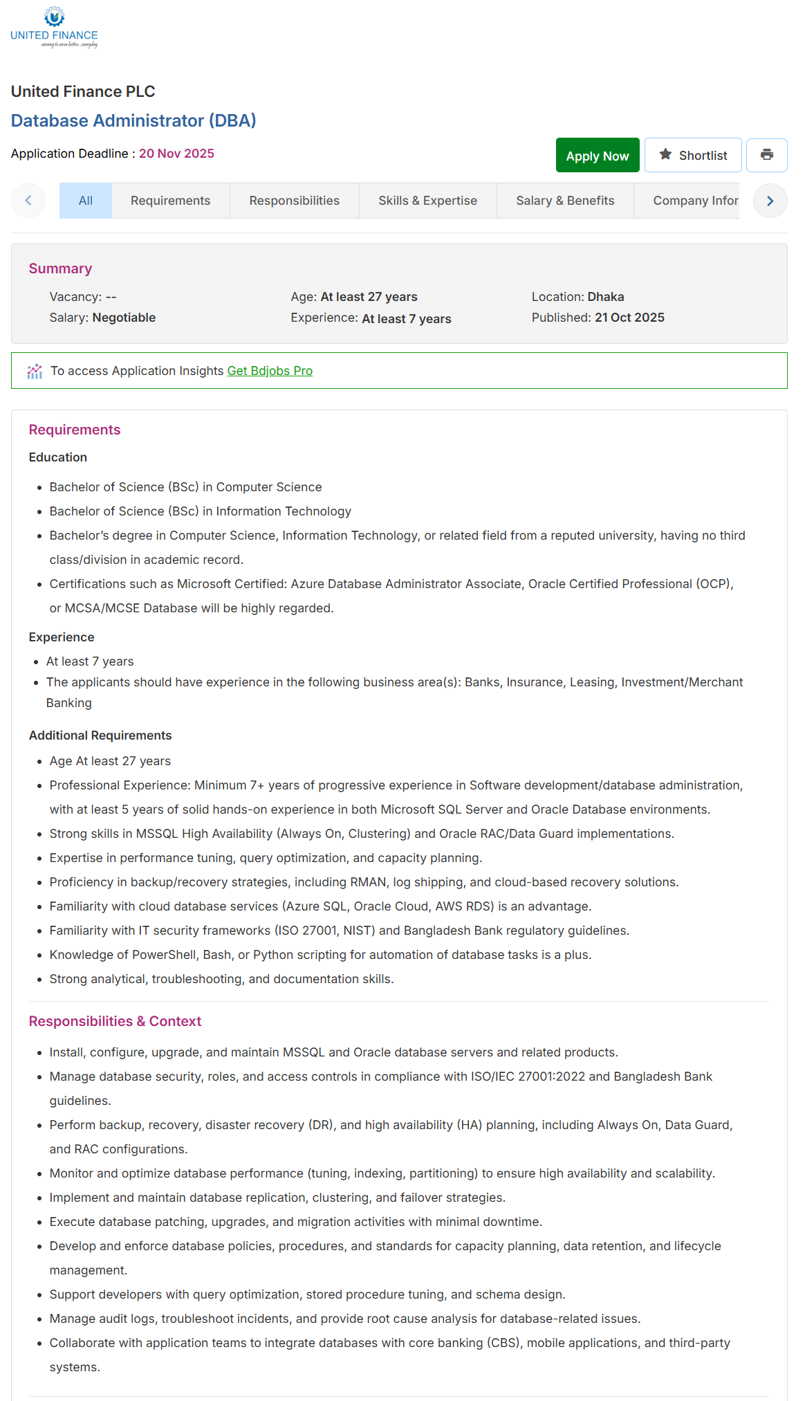 United Finance PLC Job Circular 2025