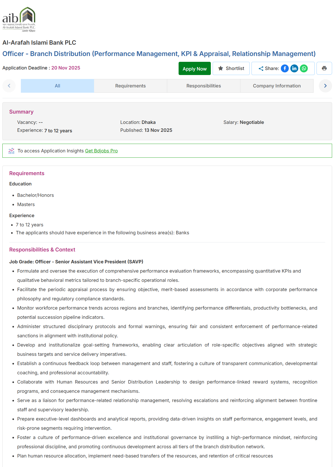 Al-Arafah Islami Bank PLC Job Circular 2025