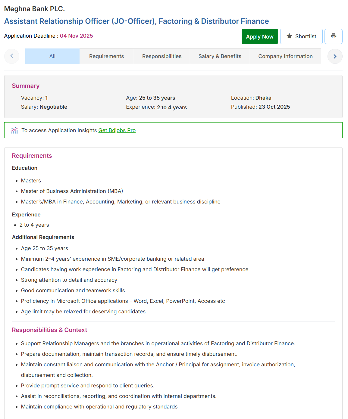 Meghna Bank PLC Job Circular 2025