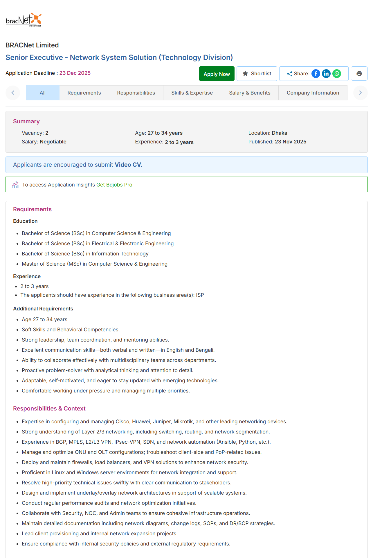BRACNet Limited Job Circular