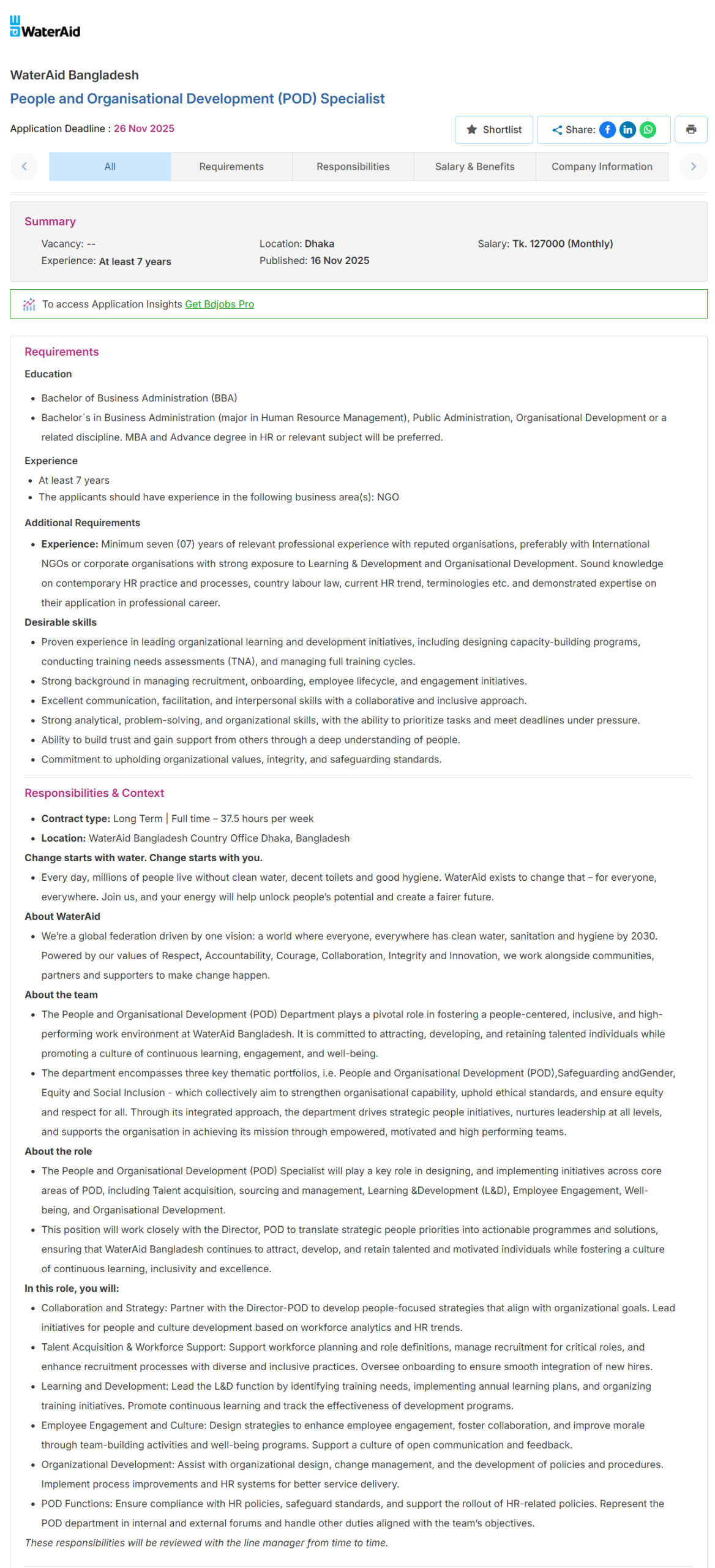WaterAid Bangladesh Job Circular 2025