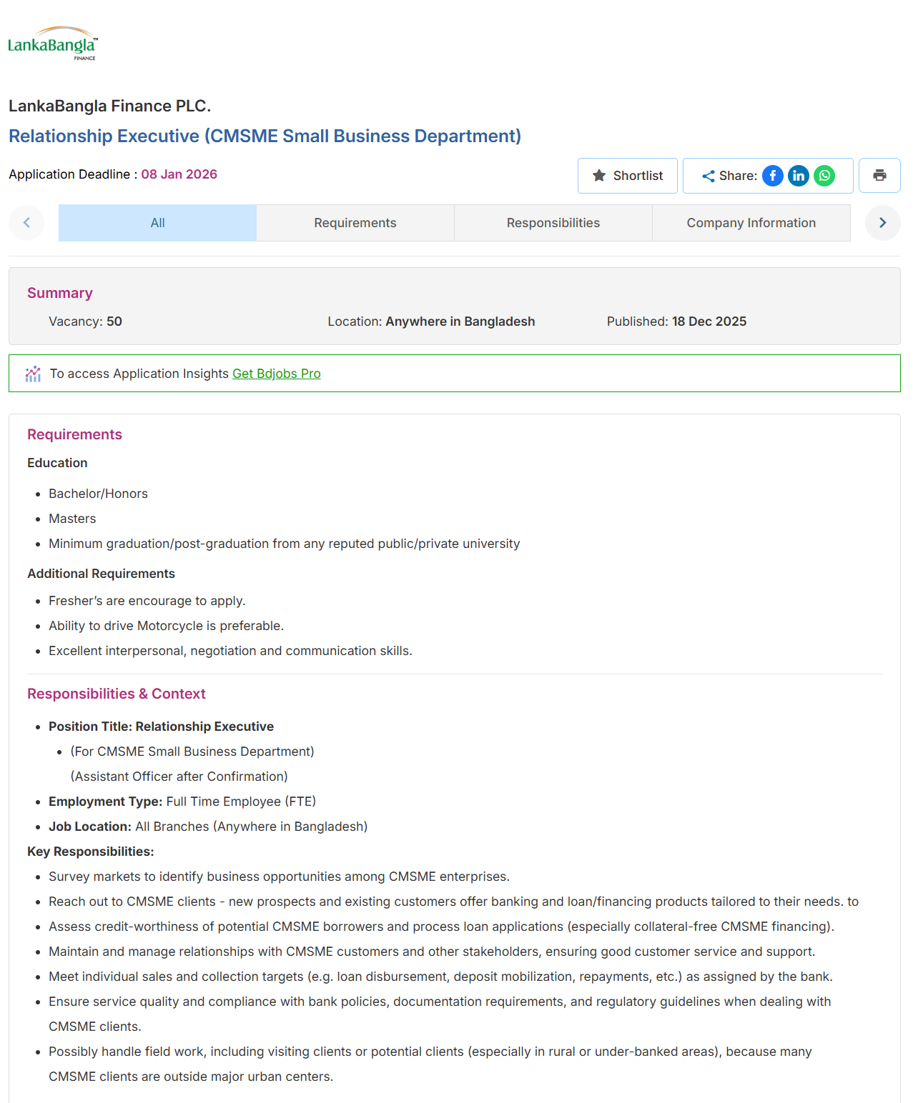 LankaBangla Finance PLC Job Circular 2026