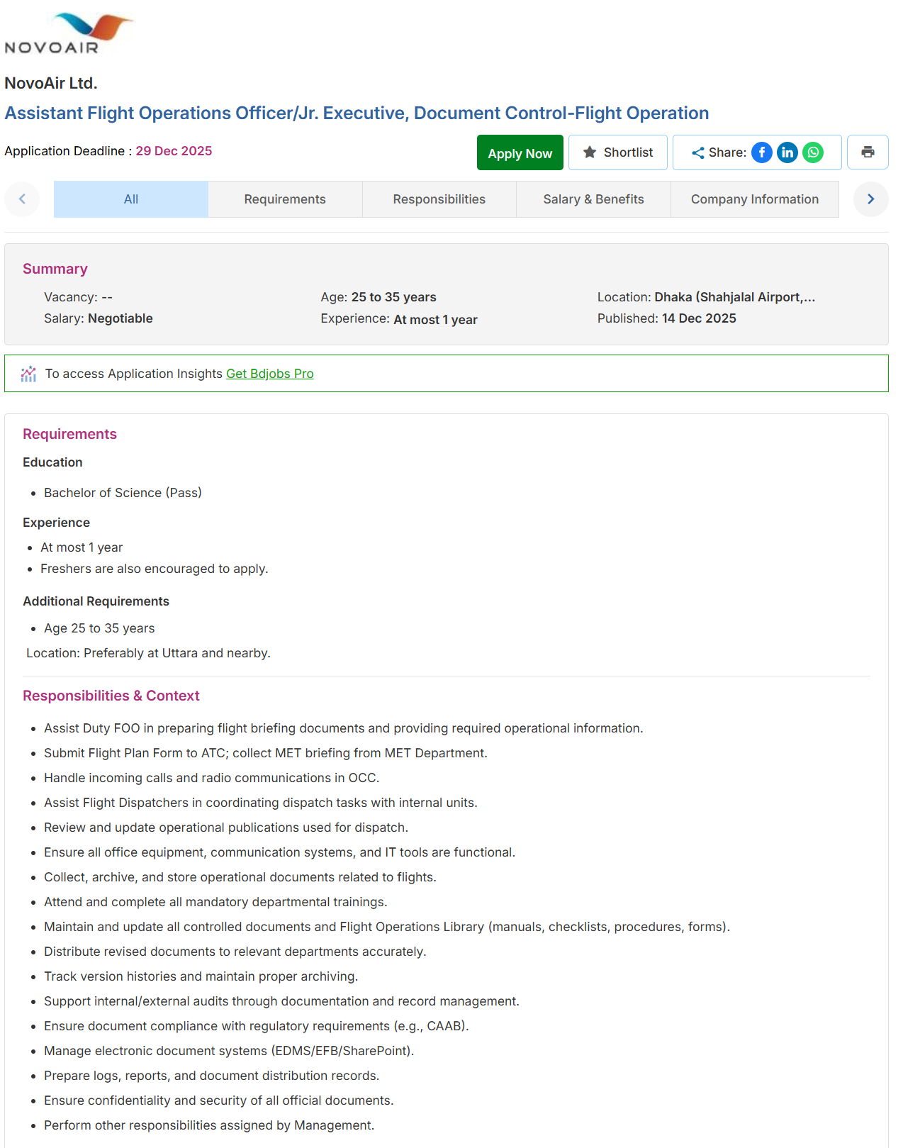 Novoair Limited Job Circular 2025