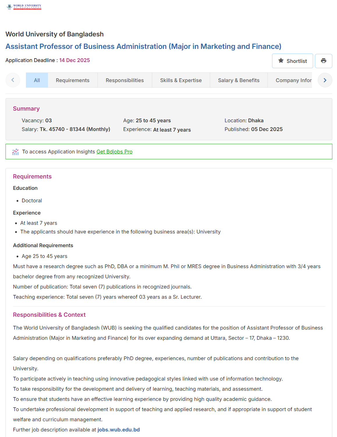 World University of Bangladesh Job Circular 2025