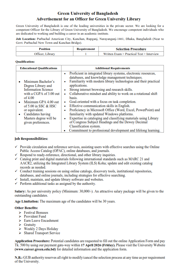 Green University of Bangladesh Job Circular 2026