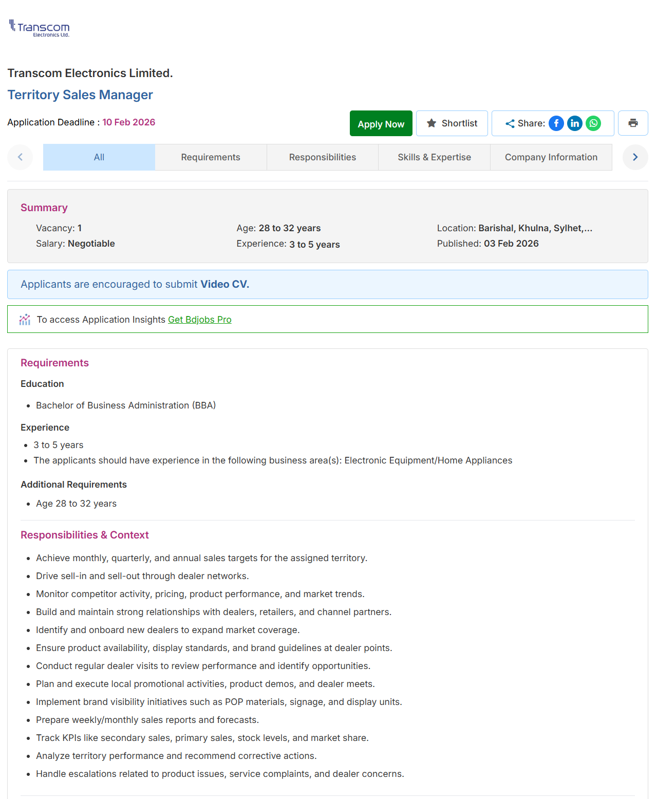 Transcom Electronics Ltd Job Circular 2026